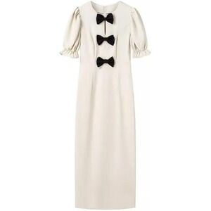 Elegant‎ Midi Dress Black Bows Puff Sleeve Party Cocktail Dress